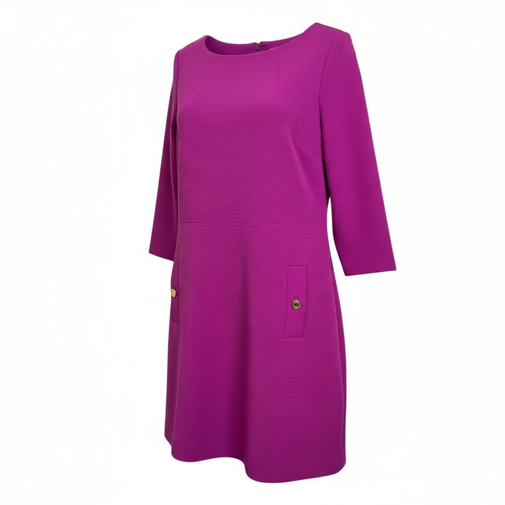 Lilly Pulitzer Charlene Dress Fuchsia Textured Gold Button Pockets 3/4 Sleeve L